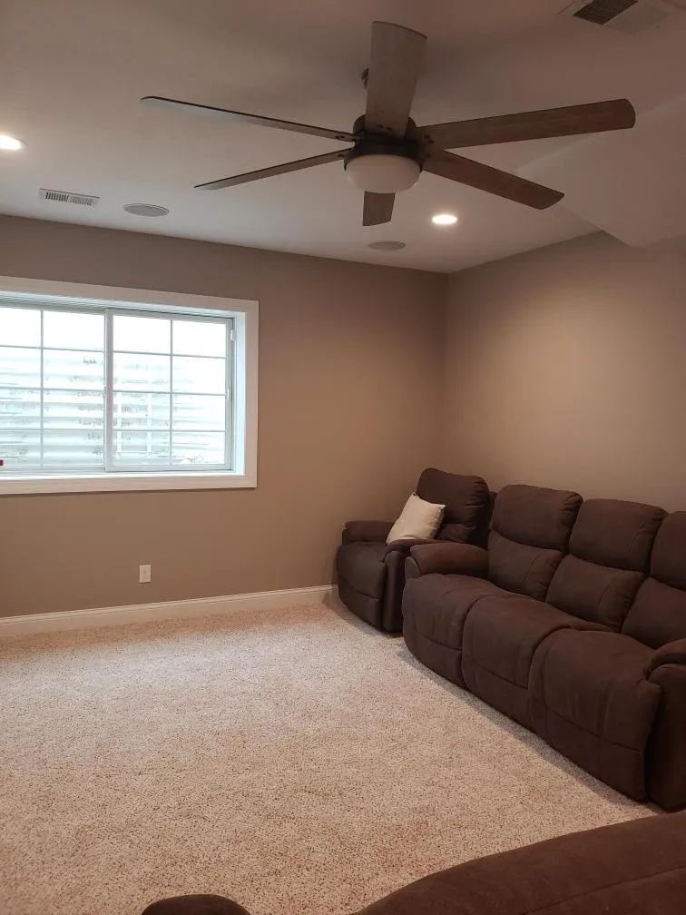 Finished basement room with large window and plush carpet