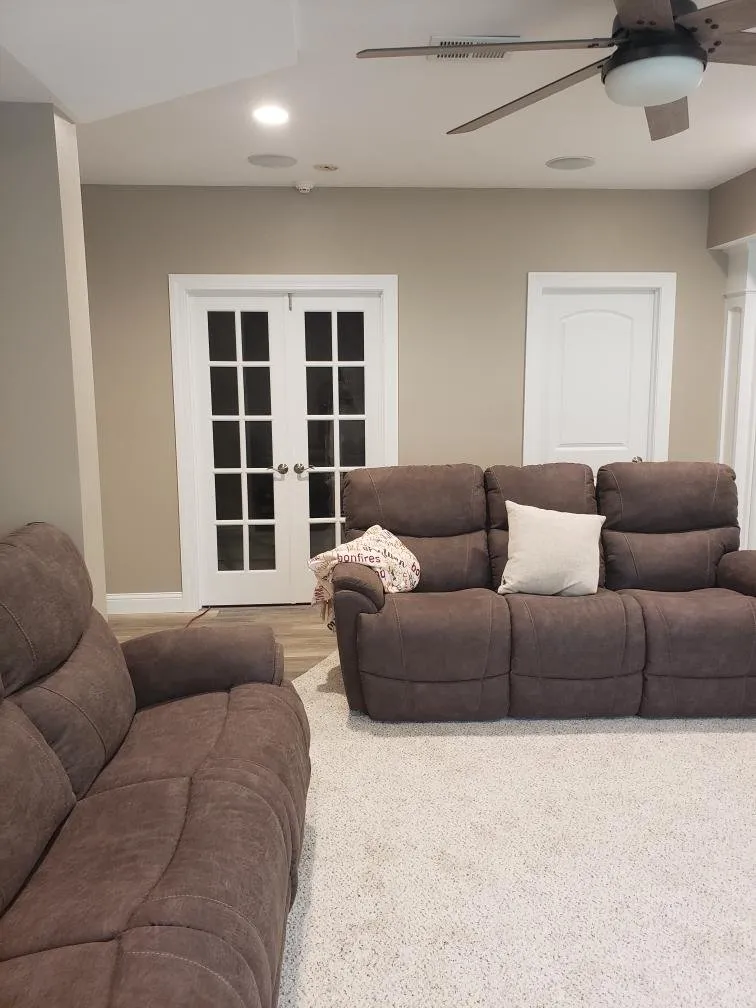 French doors opening into the carpeted basement living room