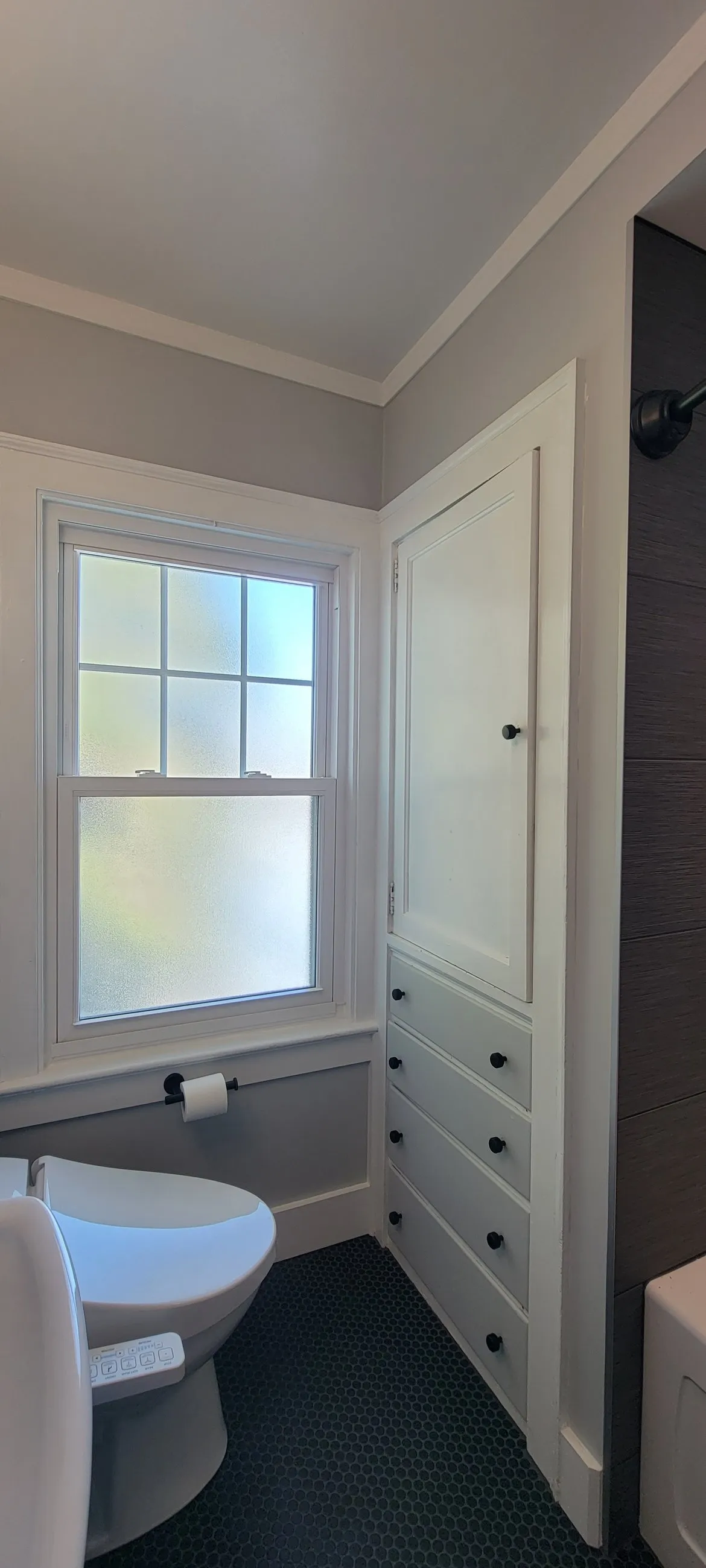 Frosted window and built-in drawers beside the toilet